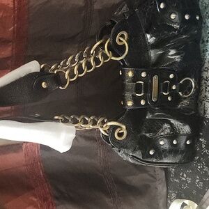 Sharif Black Patent & Embossed Leather Chain-Handle Shoulder Bag